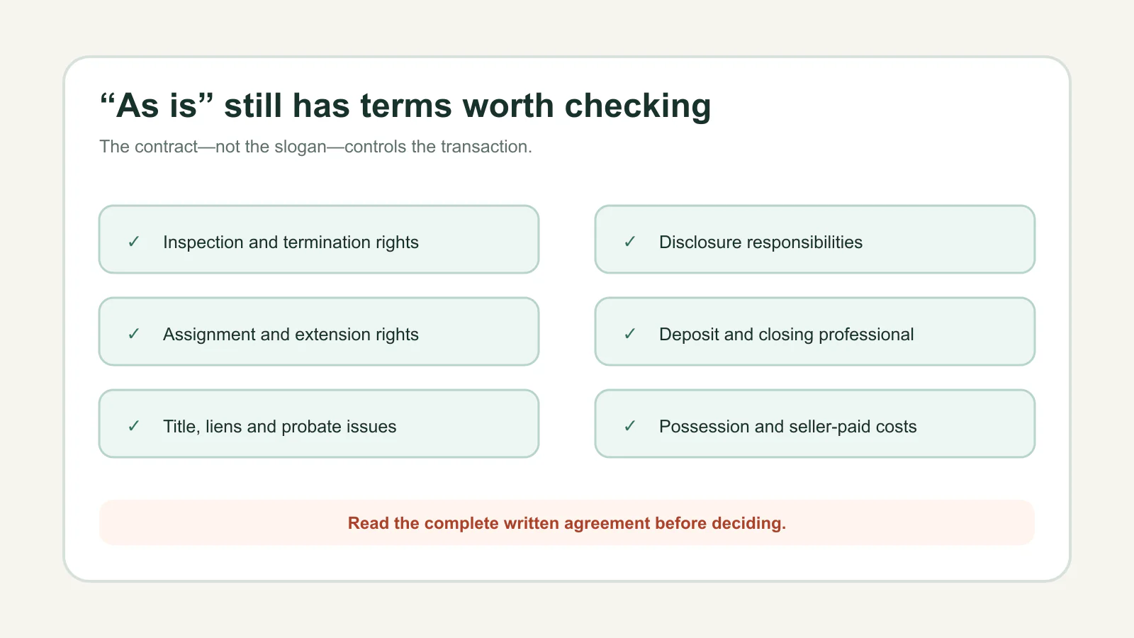 Six contract and disclosure checks for an as-is home sale